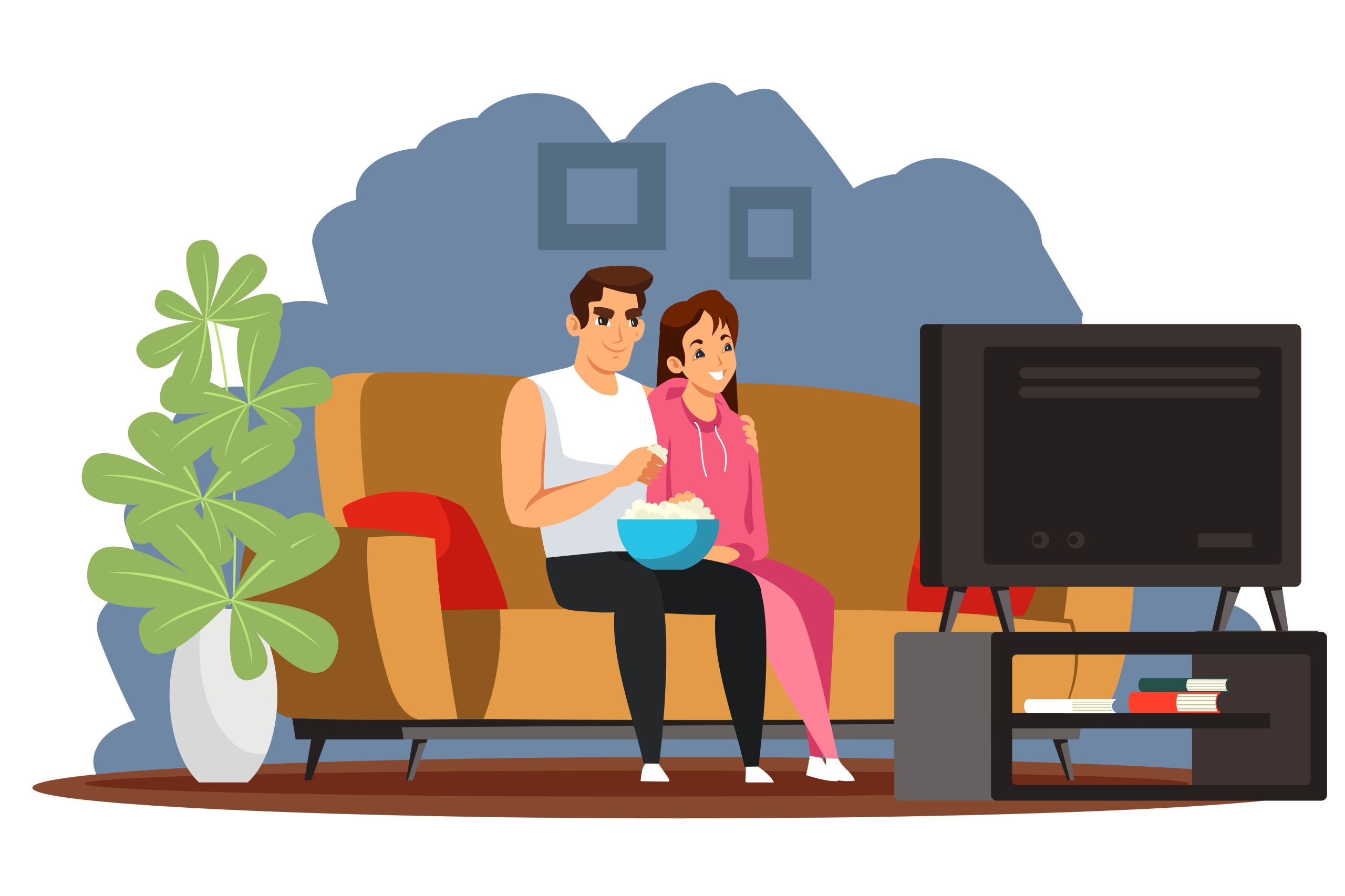 Happy couple watching tv at home young family at house sitting on couch watching television and eating popcorn together Love and romance at house with modern interior design - Gen IPTV Subscription WATCH geniptv