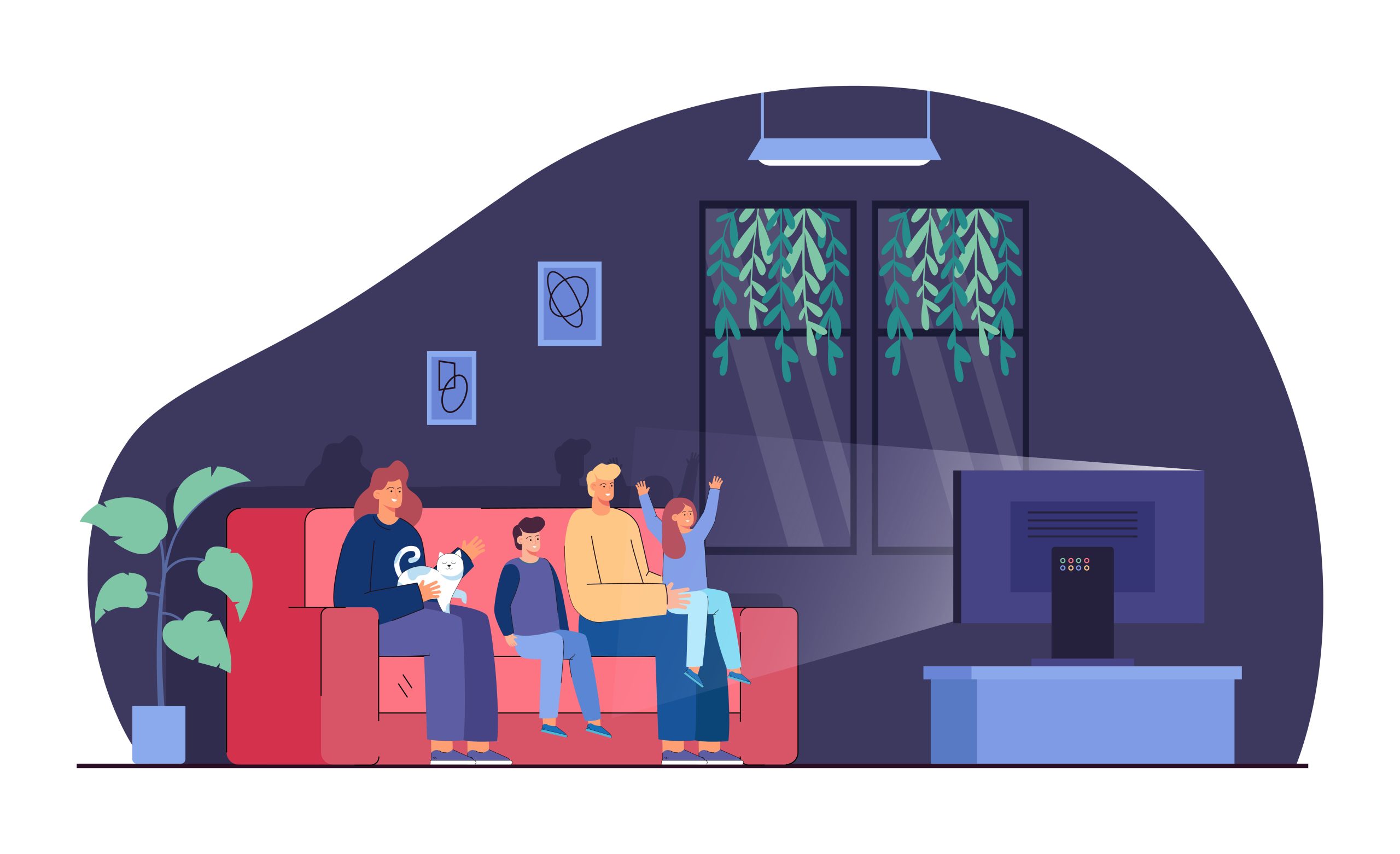 Happy family watching TV at night flat vector illustration - Gen IPTV Subscription geniptv